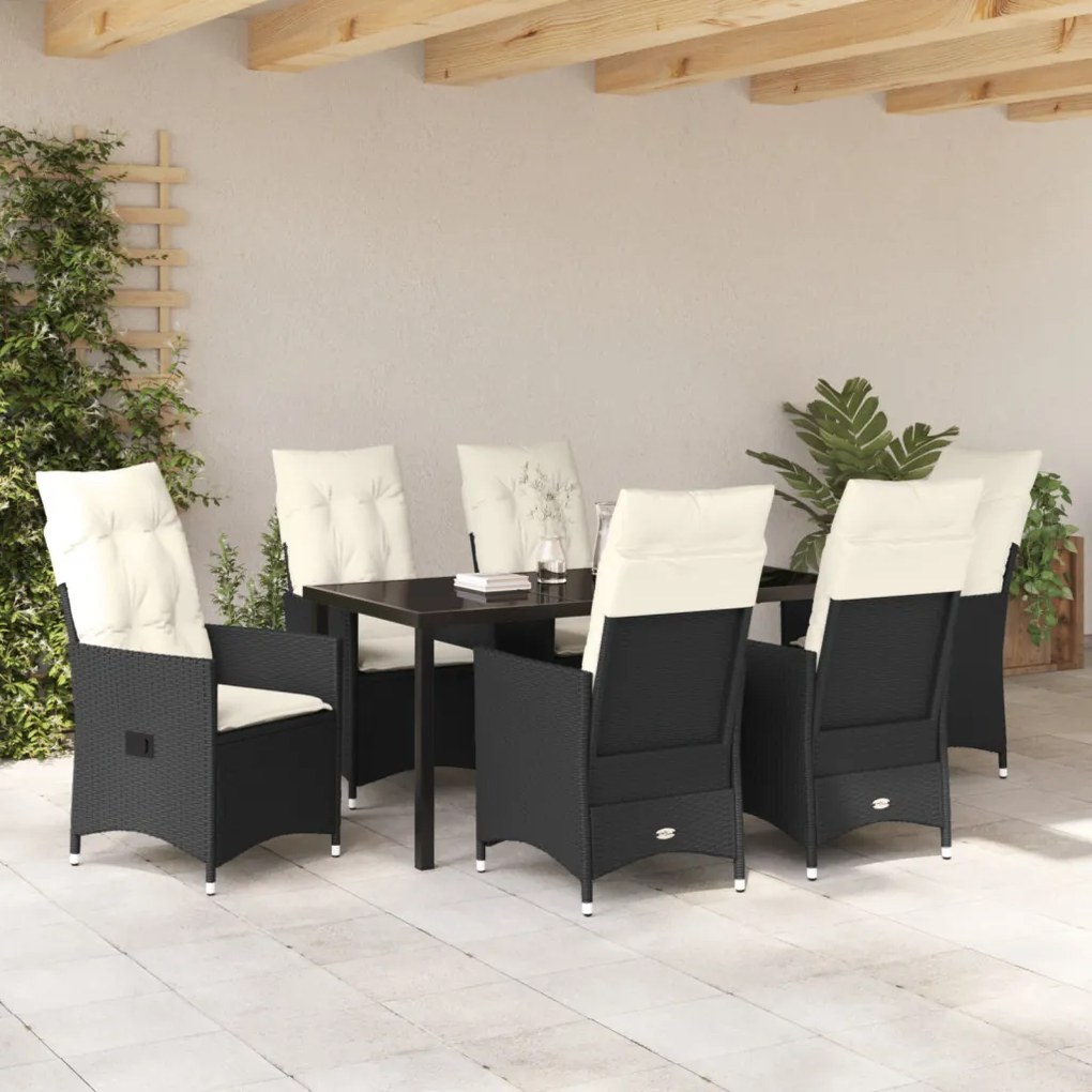 7 darabos Kerti Étkező Szett Párnákkal Fekete Poly Rattan