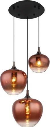 Globo 15548-3HG Függeszték fekete matt fém, fekete-króm fém, réz színű/átlátszó színátmenetes üveg búra, fekete textil kábel, ø: 480mm, M: 1200mm, búrák átmérője: 1 x 18, 24, 29 cm, 3x E27 40W 230V izzók nélkül