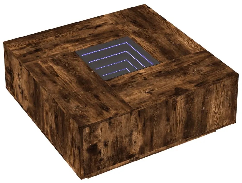 Tölgy színű végtelen hatású LED-es dohányzóasztal 100x100x40 cm