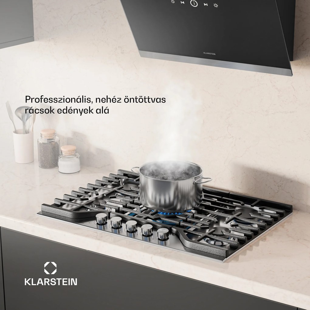 Klarstein Turbocast gáz főzőlap, 304 rozsdamentes acél, 5 égő, professzionális öntöttvas tartó, wok-égő