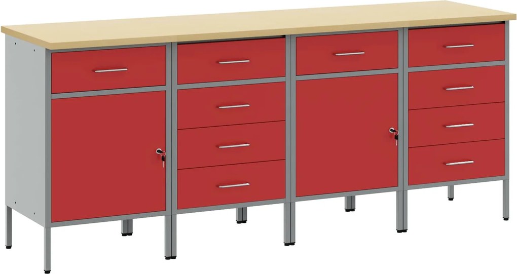 vidaXL Munkaszekrény fiókkal 4 pcs Piros és Szürke 200 x 55 x 85 cm