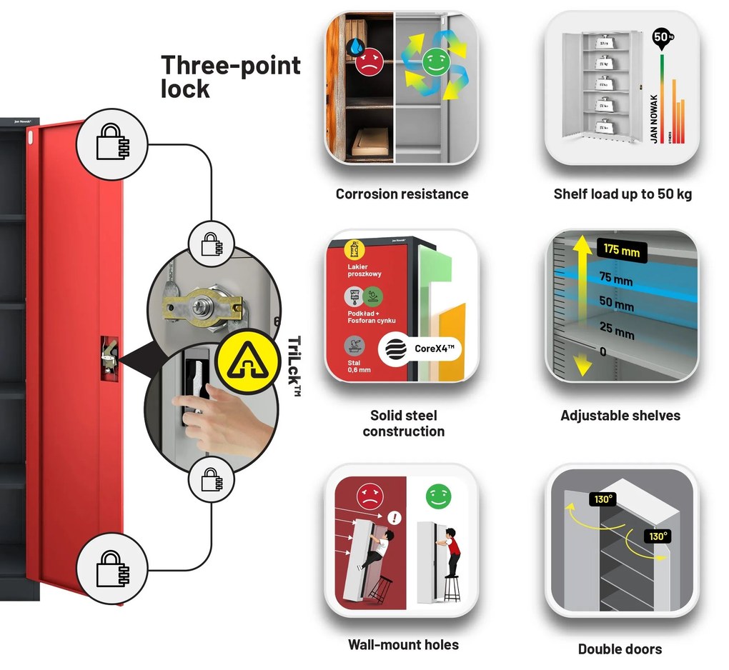 Fém iratszekrény JAN, 900 x 1850 x 400 mm, antracit-piros