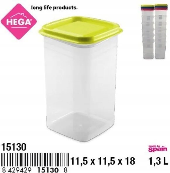 Négyzet alakú ételtároló edény 1,3 L fedéllel