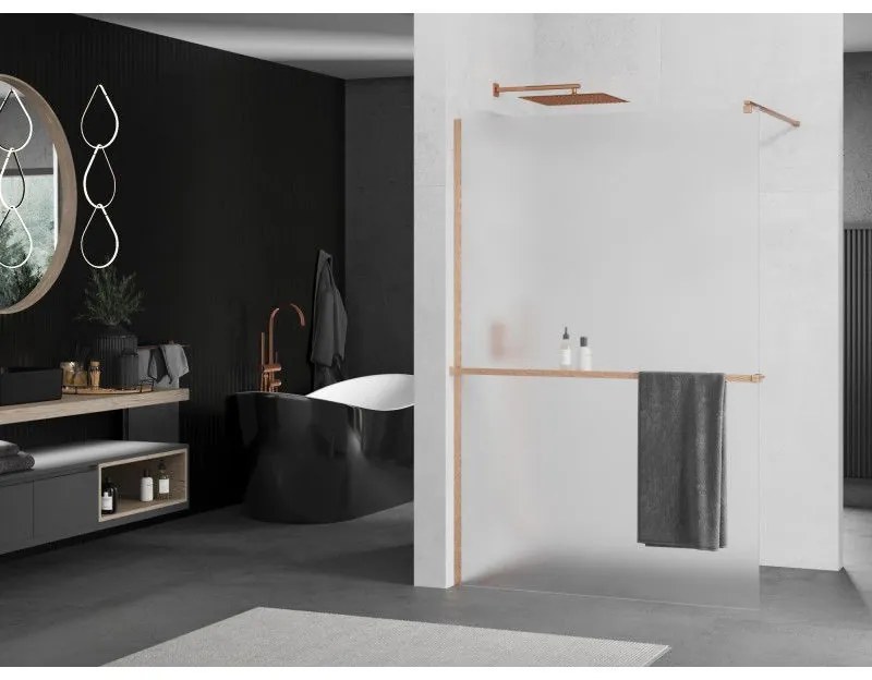 Mexen Kioto+, Walk-In zuhanyparaván polccal és akasztóval 80 x 200 cm, 8 mm-es matt üveg, réz matt profil, 800-080-121-65-30