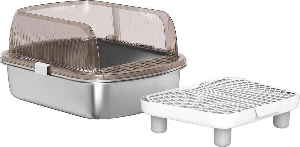 PawHut Extra Nagy Fedett Macska WC Zárt Rozsdamentes Acél Tálcával Magas Peremmel Lapáttal Lépcsővel Homoklehulló Területtel Szagtalan Könnyű Tisztítá