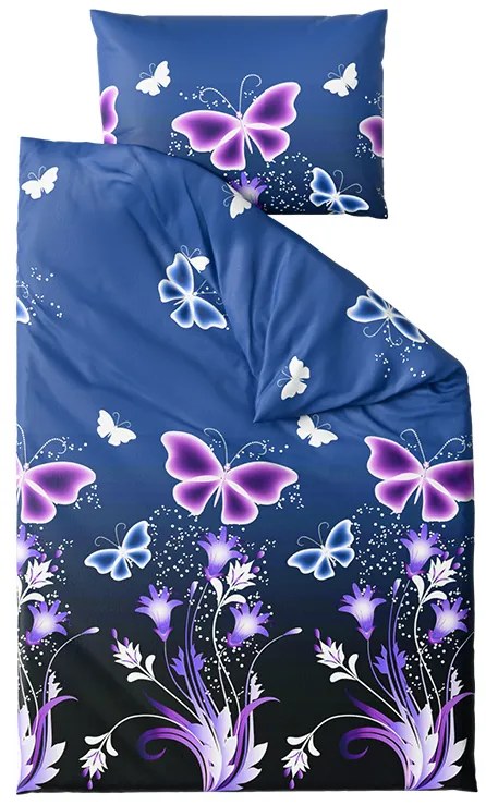 Mikroplüss ágyneműhuzat szett VIOLET BUTTERFLY sötétkék + mikroplüss lepedő SOFT 90x200 cm fehér, egyszemélyes ágyhoz