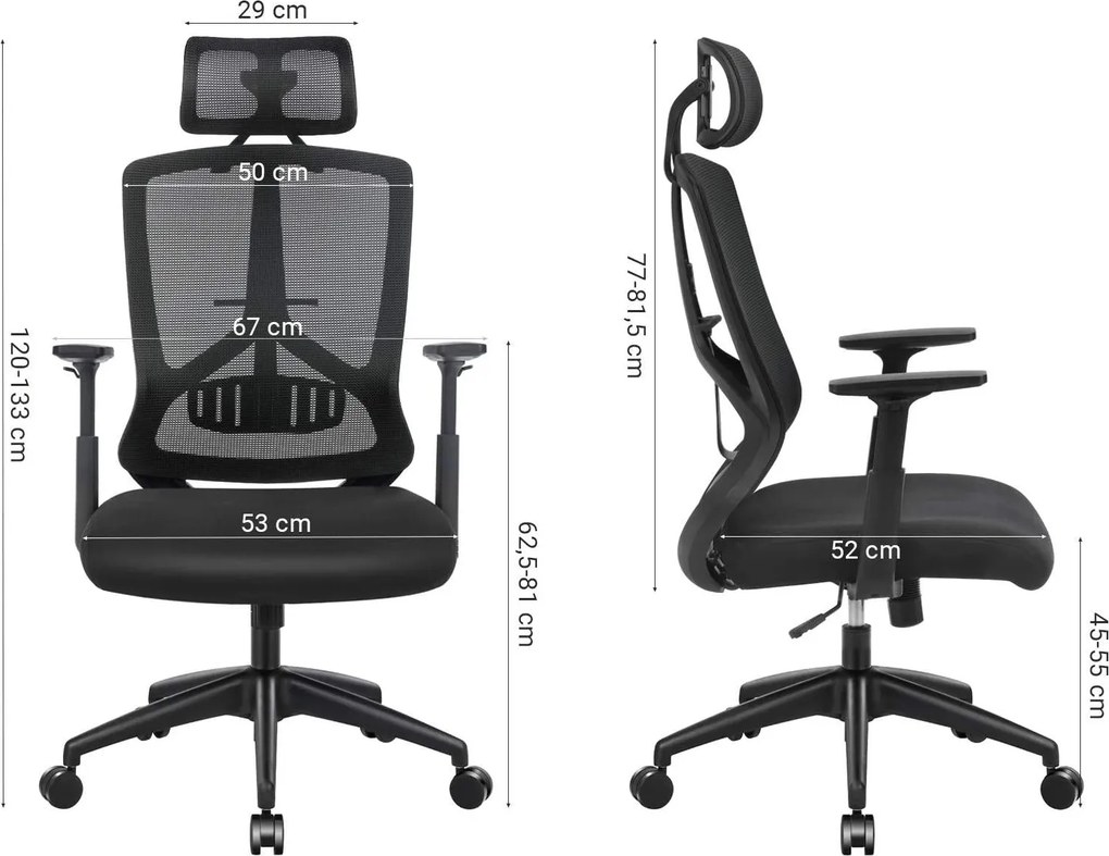 Ergonomikus irodai szék deréktámasszal, állítható fejtámlával és kartámasszal, fekete