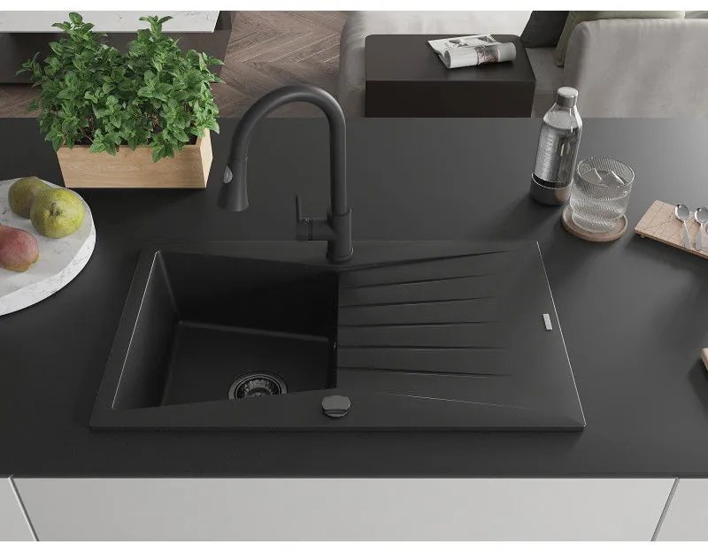 Mexen Cesar, 1 kamrás gránit mosogató 775x470x190 mm és Elia mosogató csaptelep, fekete, 6514-77-670101-70-B