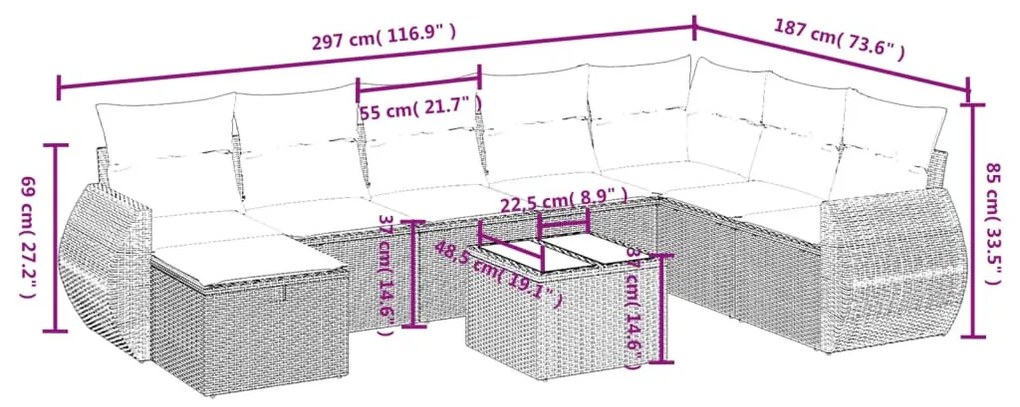 9 részes barna polyrattan kerti ülőgarnitúra párnákkal