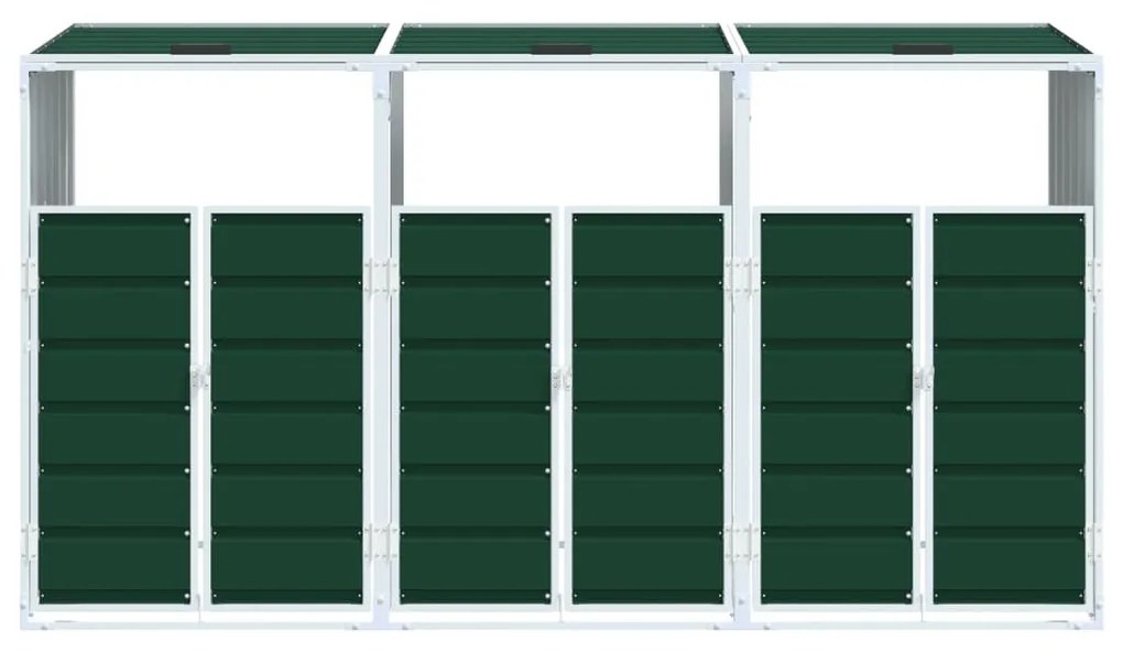 zöld acél kerekes szemetes tároló 3 szemeteskukához 216 x 81 x 115 cm