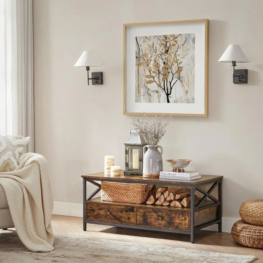 VASAGLE Dohányzóasztal, nappali asztal 100×55×45 cm,  rusztikus barna és fekete színben