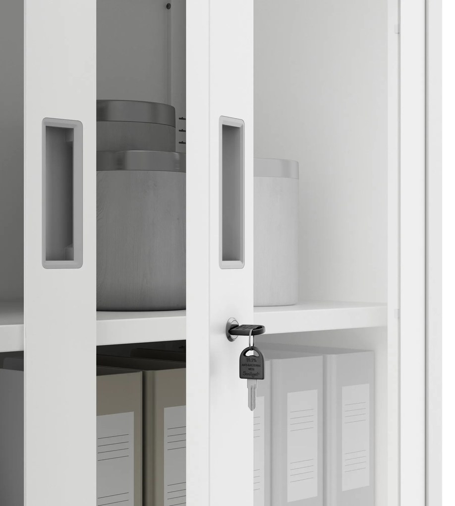 Fém iratszekrény széffel, vitrinnel és fiókokkal FILIP, 900 x 1850 x 400 mm, fehér