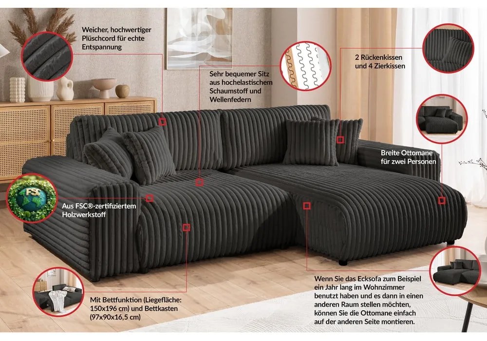 Sötétszürke kordbársony kinyitható-tárolóhelyes sarokkanapé (jobb oldali) Sarina – Ropez