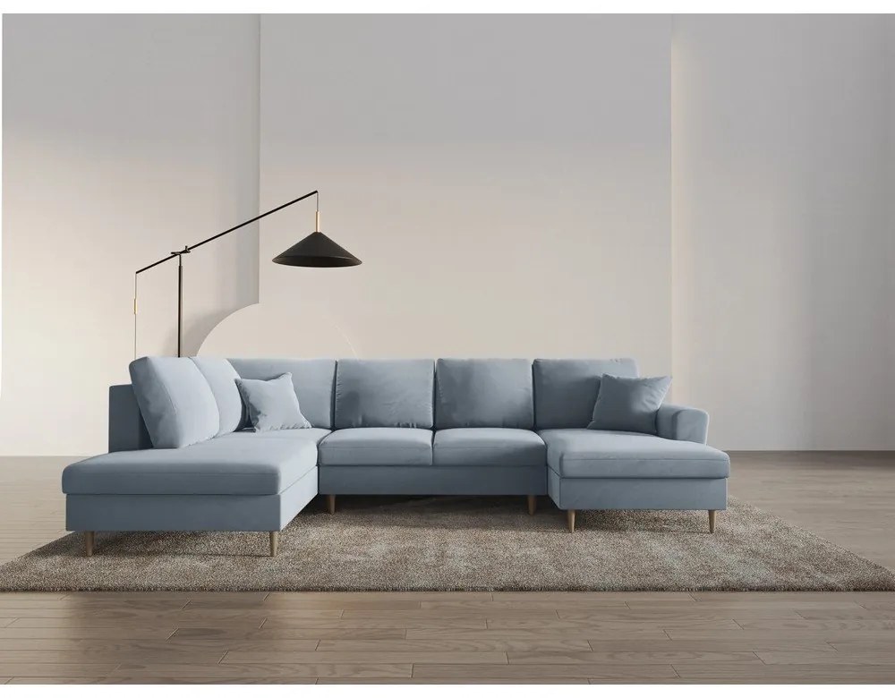 Világoskék bársony kinyitható tárolóhelyes sarokkanapé (bal oldali-U alakú) Kyoto – Cosmopolitan Design