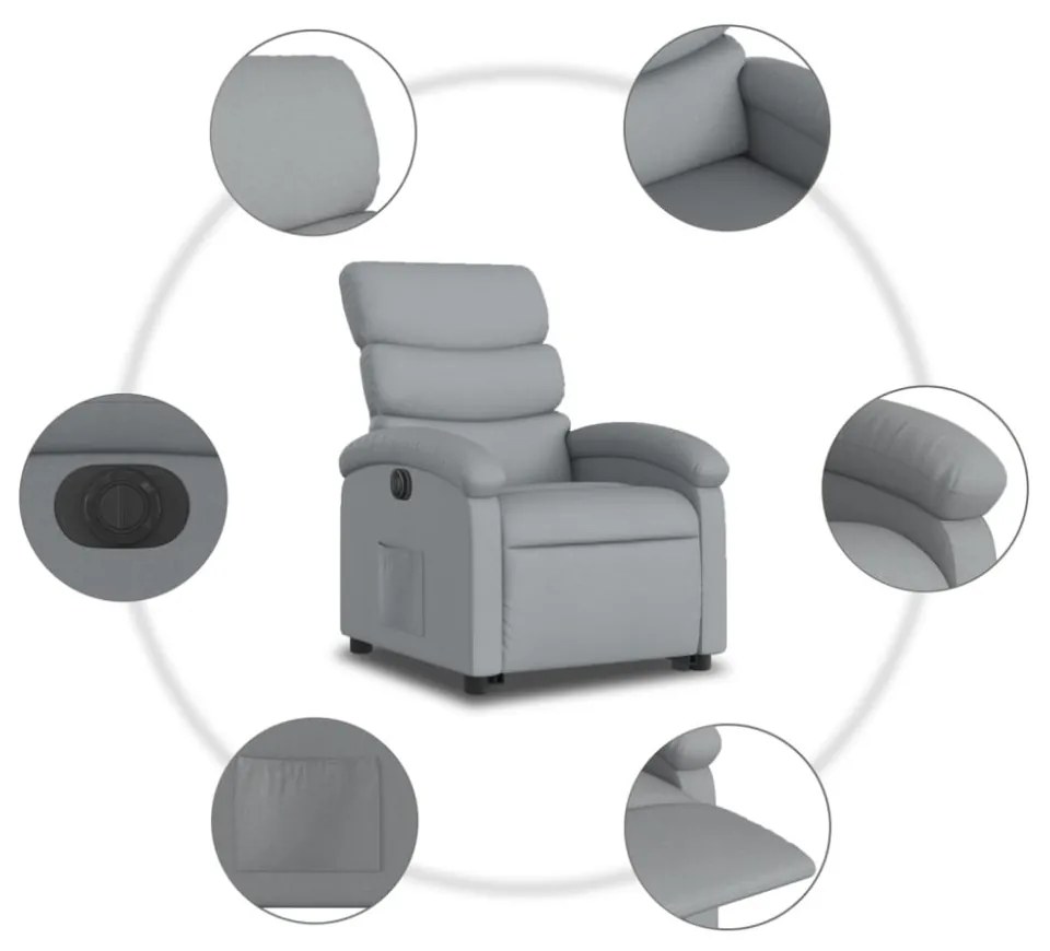 elektromos felállást segítő világosszürke szövet dönthető fotel