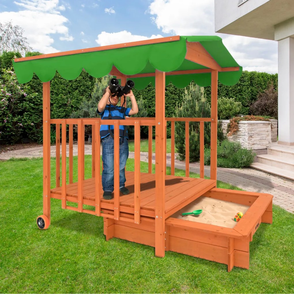 HAPPY verandás homokozó, 130x130x143cm, barna/zöld Jurhan