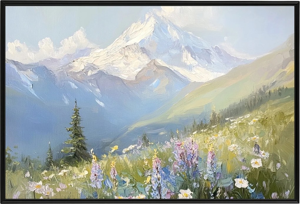 Poszter Keret Alumínium Tájkép Hegyek Csúcsok Alpok Rét Virágok Tavasz 60x40