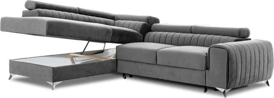 Szürke bársony kinyitható-tárolóhelyes sarokkanapé (bal oldali-L alakú) Laurence – ELTAP
