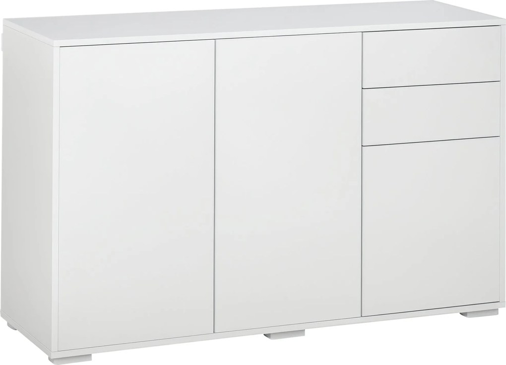HOMCOM Oldalszekrény 2 Fiókkal, 3 Ajtóval, Állítható Polcokkal, Tároló Szekrény Hálószobába, Nappaliba 117 x 36 x 74 cm Fehér | Aosom
