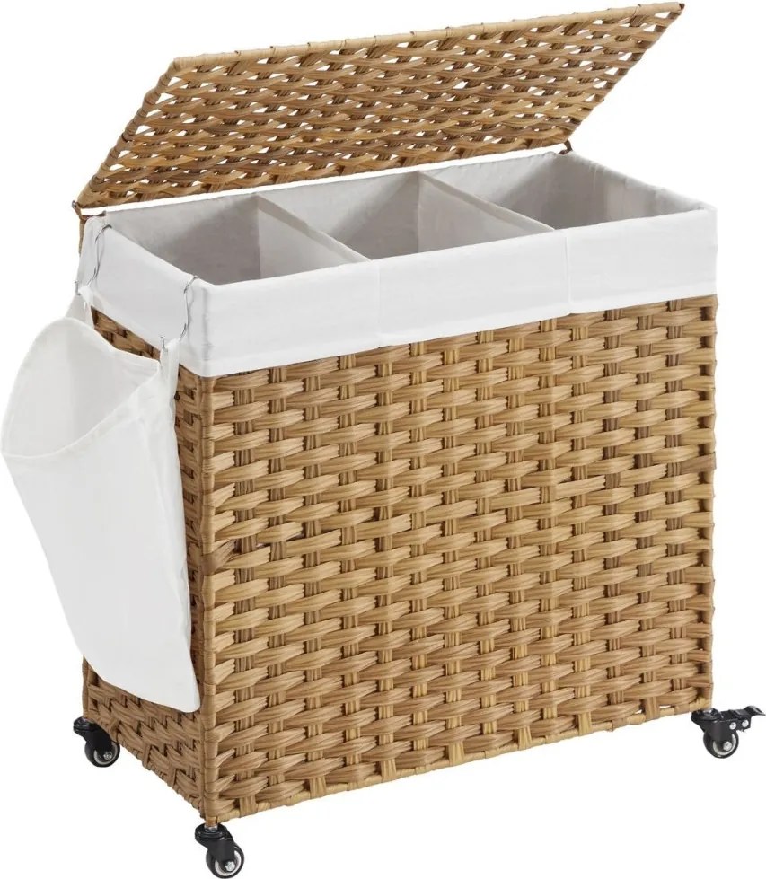 Kézzel fonott rattan stílusú szennyeskosár 3 rekesszel 140L, natúr