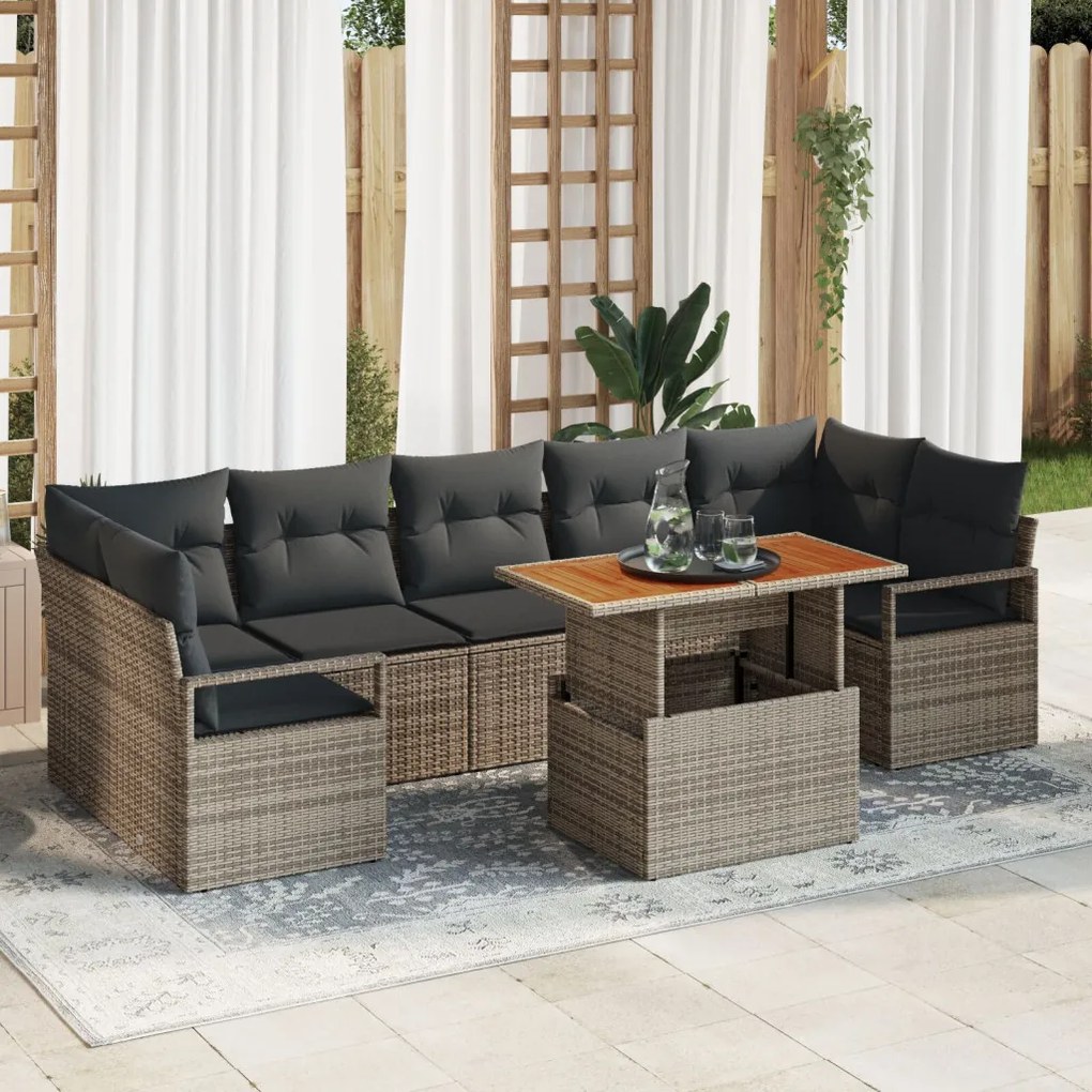8 részes kertbútorgarnitúra párnákkal szürke poli rattan akáciából, 2 fős kertkanapé párnákkal szürke poli rattan
