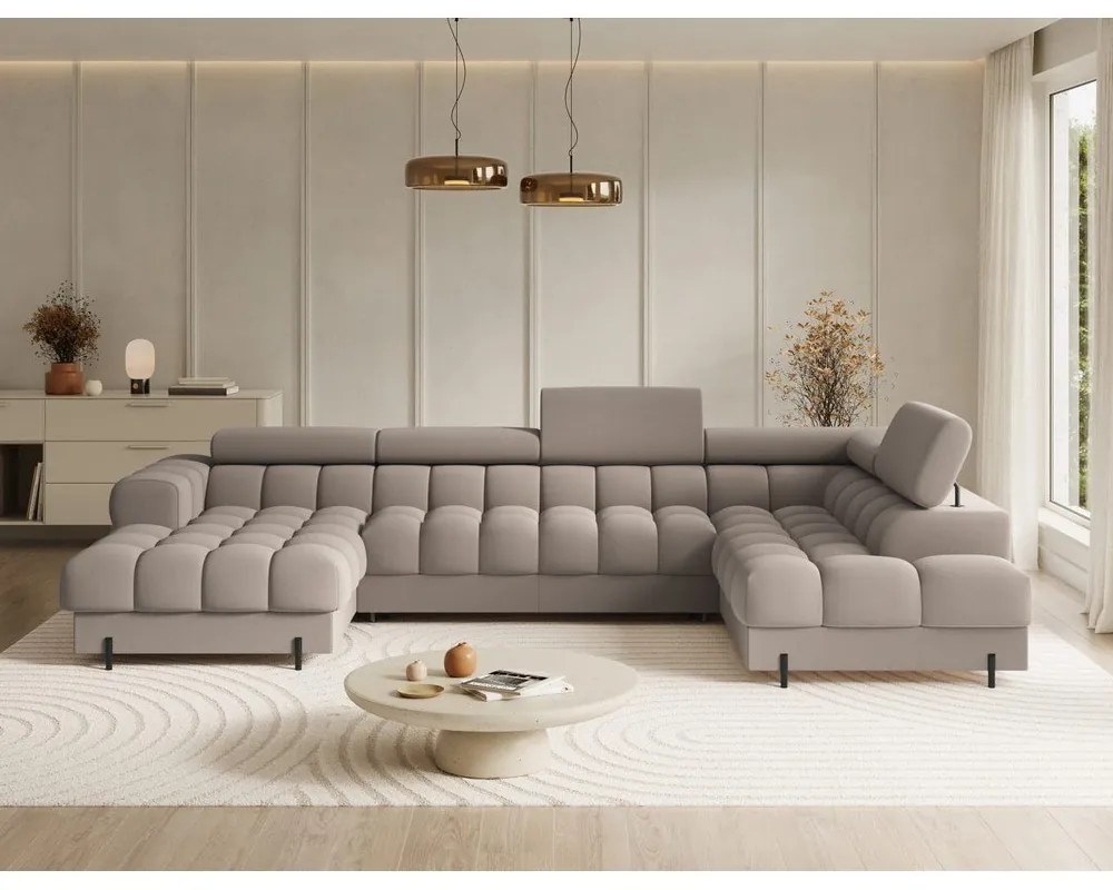 Világosbarna bársony kinyitható sarokkanapé (jobb oldali-U alakú) Feraria – ELTAP