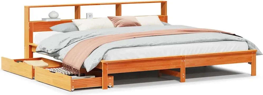 vidaXL barna tömör fenyőfa könyvespolcos ágy matrac nélkül 200 x 200cm