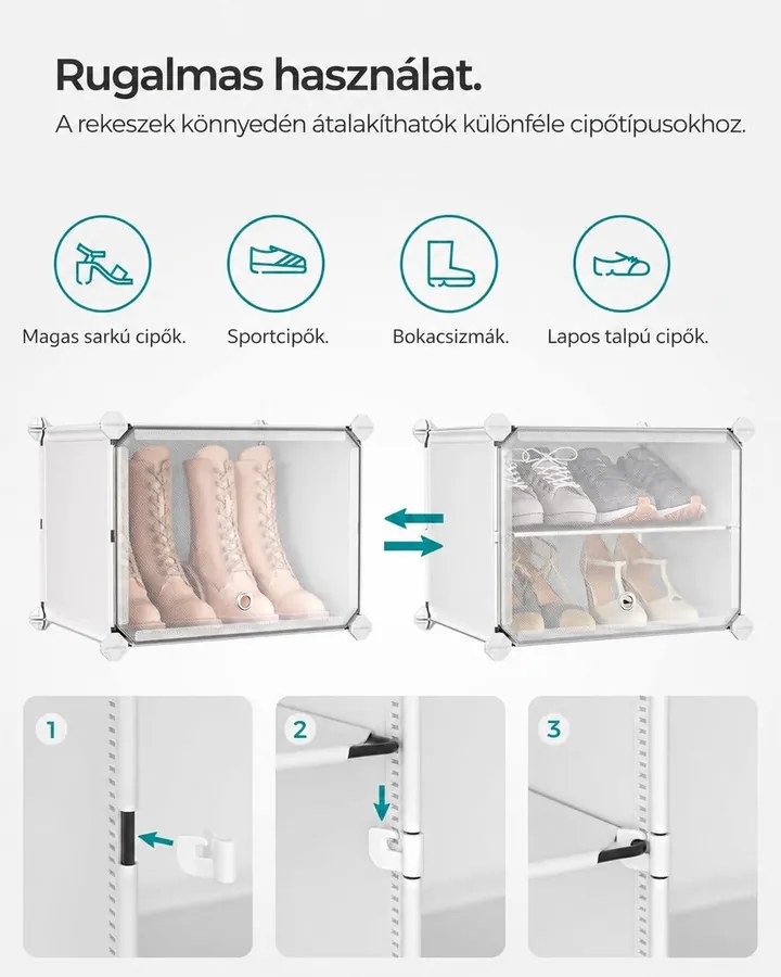 10 rekeszes moduláris cipőtároló ajtókkal, rekeszenként 30×40×30 cm