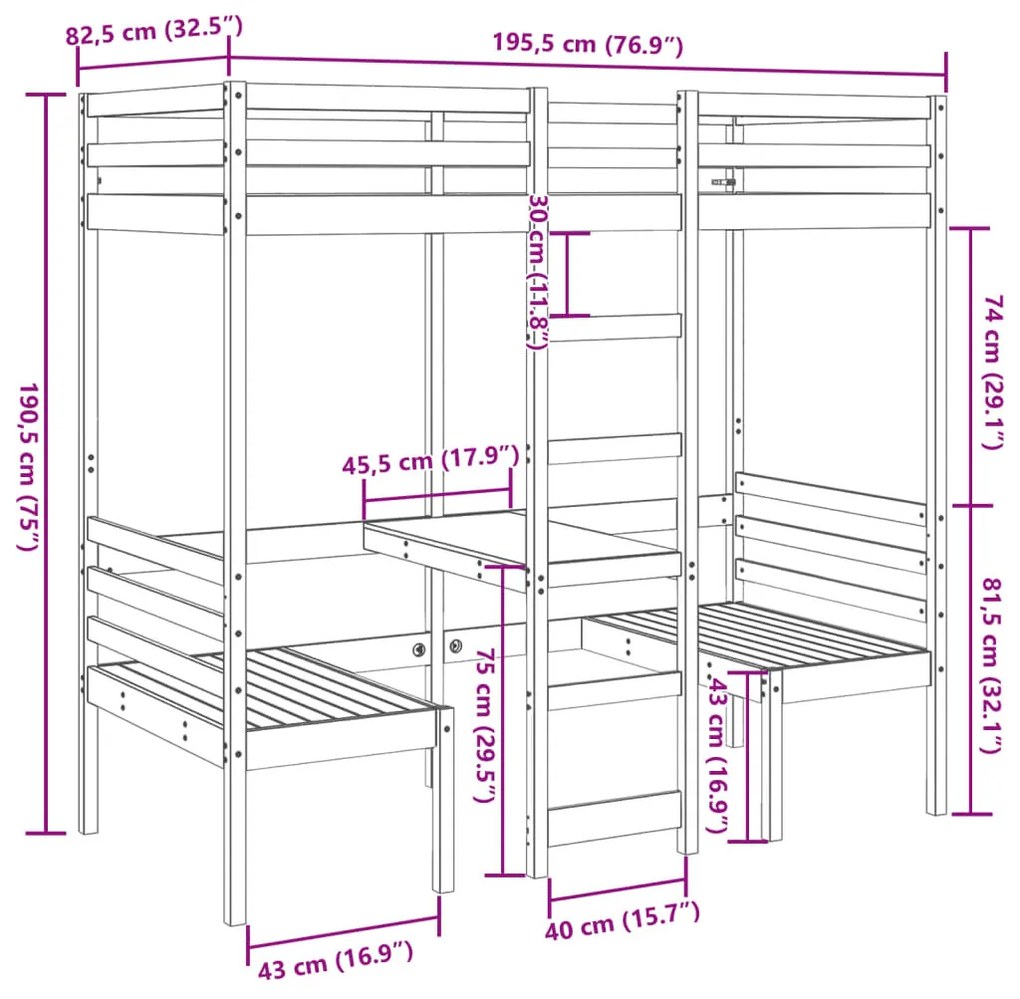 tömör fenyő galériaágy-keret asztallal és székekkel 90 x 175 cm