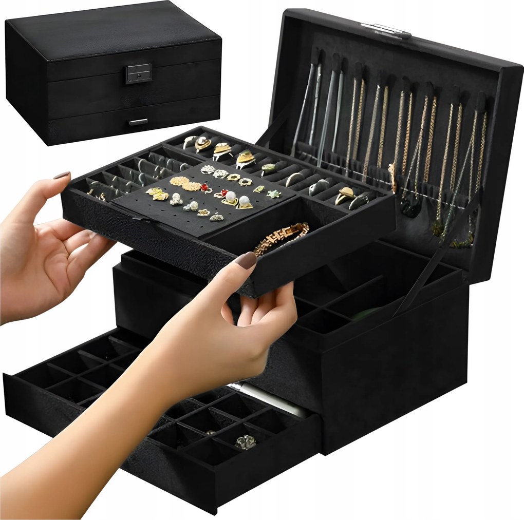 Ékszerdoboz rendszerező 2 szintes fiók kulcstartó fekete