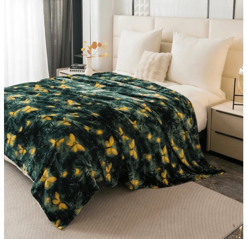 Mikroplüss pléd YELLOW BUTTERFLY, sötétzöld Méret: 160 x 200 cm