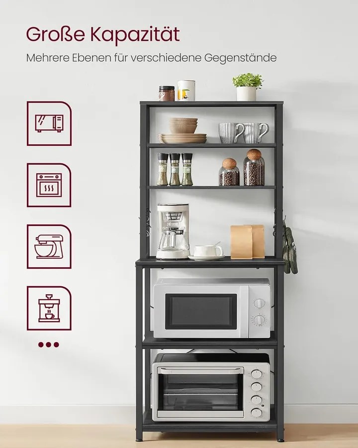 Konyhai állvány, álló polc, mikróállvány, szürke–fekete, 40×60×167 cm