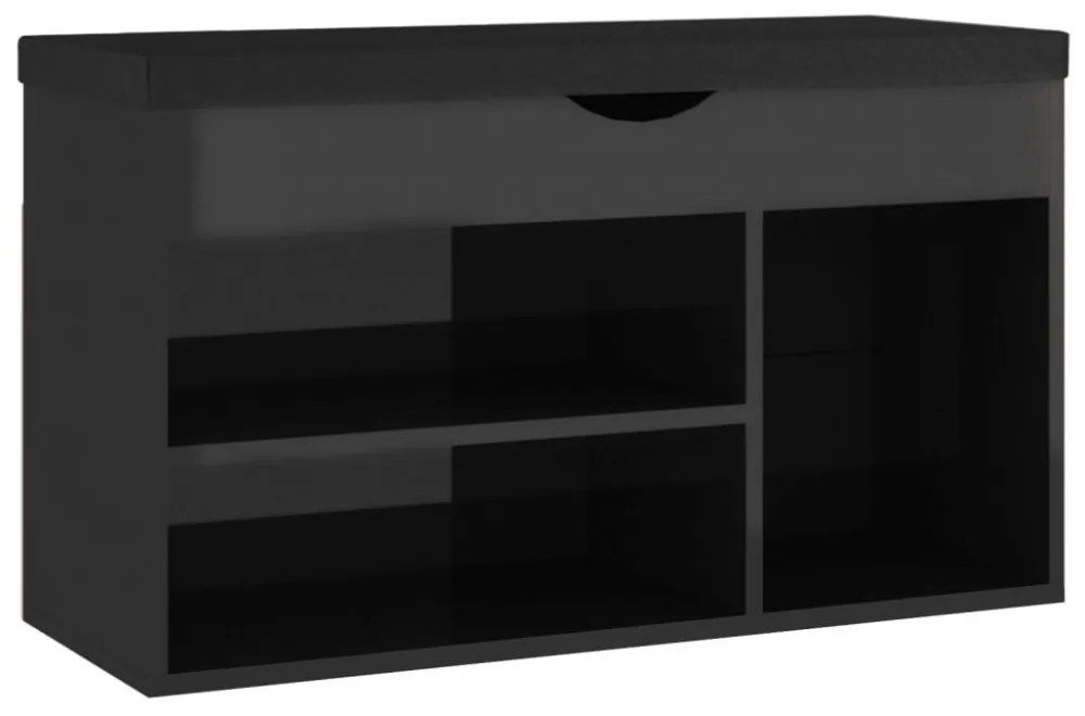 magasfényű fekete cipőtároló pad párnával 80 x 30 x 47 cm