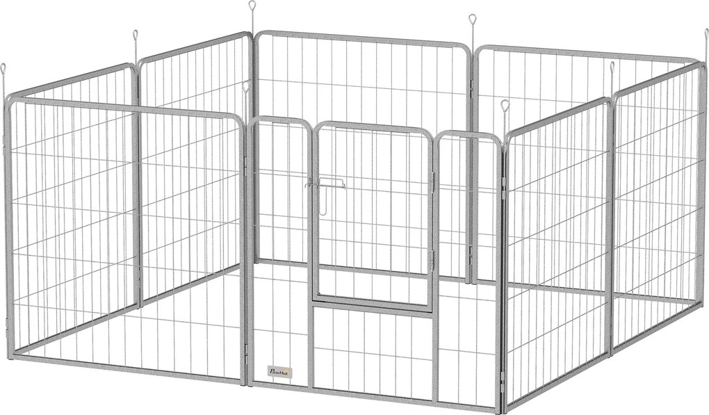 PawHut 8 Részes Kiskutya Játszókerítés – 8 Rácspaneles, Ajtós, Földbe Ásó Stakekkel A Szabadtéri Játszókerítéshez, 80 cm Magas Kutya Kennel, Háziállat