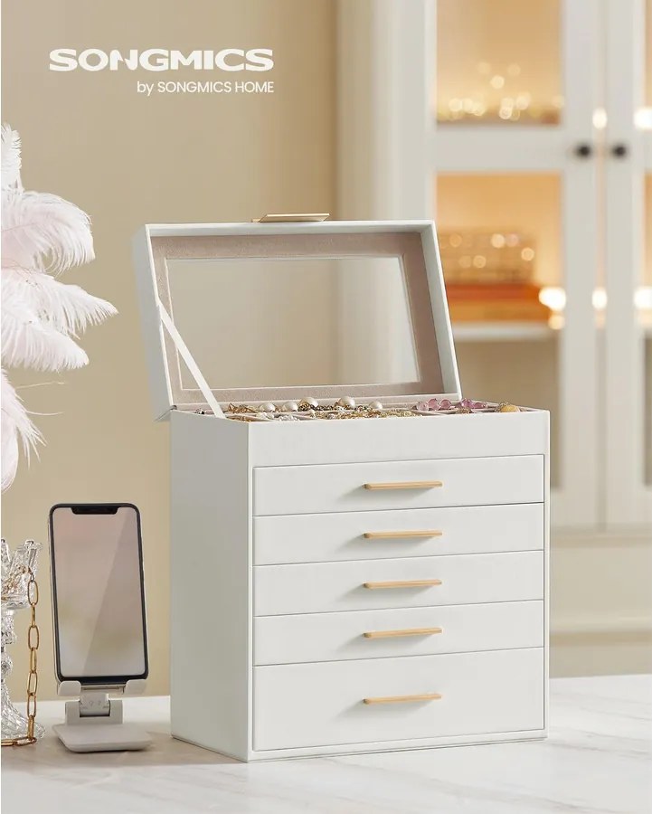 Ékszerdoboz üvegfedéllel, 6 szintes ékszertároló 5 fiókkal, 16,3 x 25,1 x 29 cm, felhőfehér