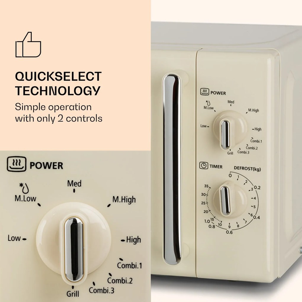 Klarstein Caroline, mikrohullámú sütő, 20 l, 700/1000 W, Ø 25.5 cm, QuickSelect, retró, krémszínű