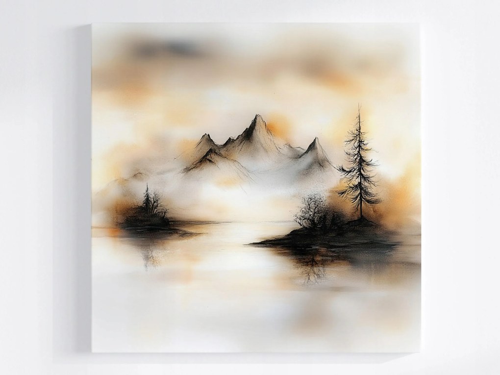 Poszter Grafika Tájkép Hegyek Tó Sziget Fa 40x40