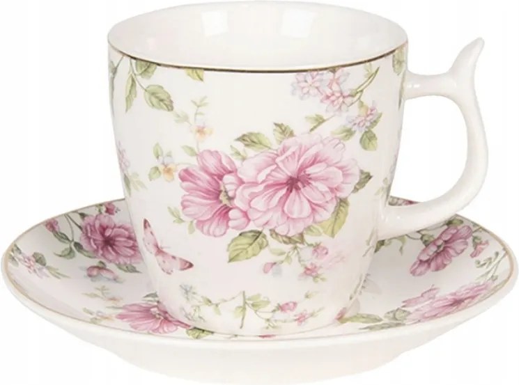 Fehér virágos bögre csészealjjal Garden II 9x7x7 cm