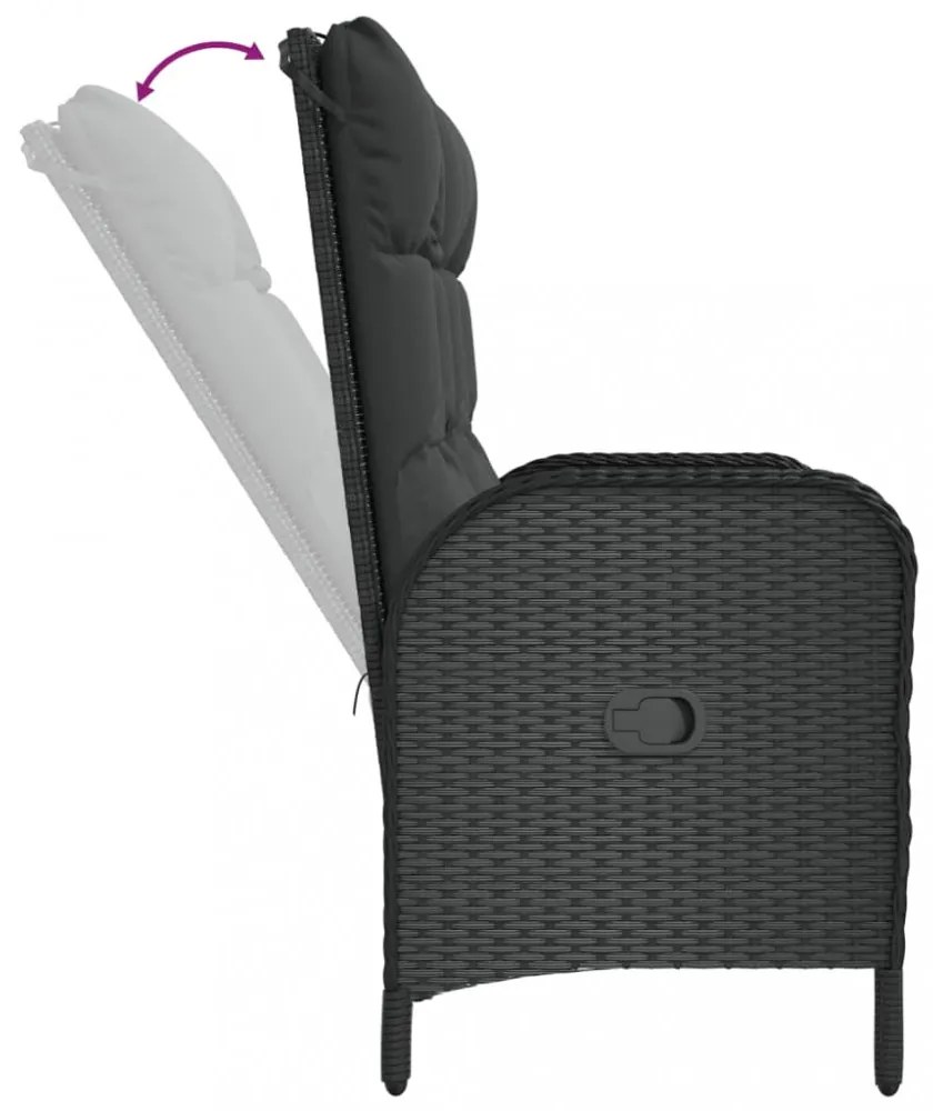 fekete polyrattan dönthető kerti pad párnákkal 107 cm
