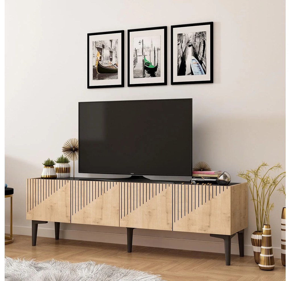 TV asztal/szekrény Tomune 4 (zafír tölgy + fekete márvány). Akció -23%. 1095231