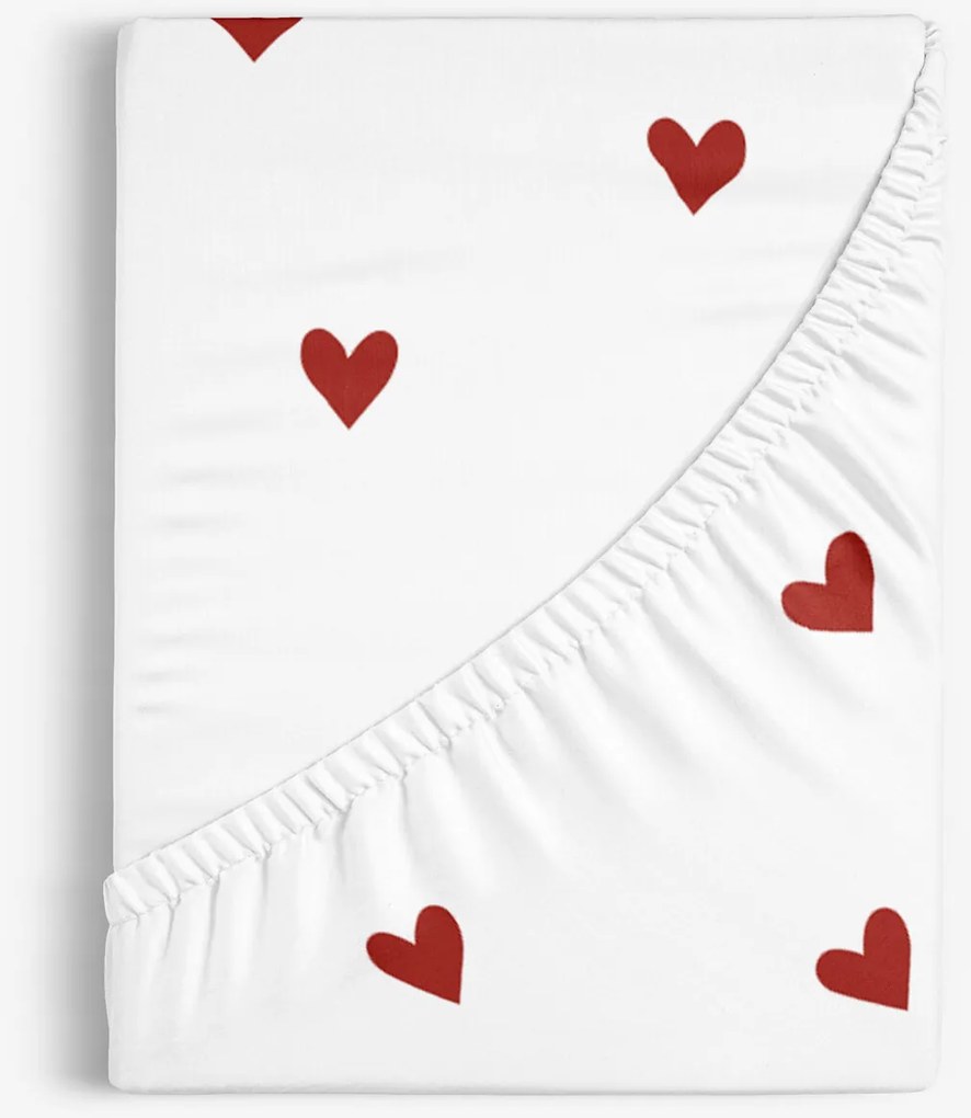 Goldea pamut körgumis lepedő - piros szívecskék, fehér alapon 80 x 160 cm