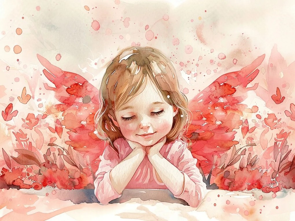 Vászonkép Canvas Akvarell Gyerek Lány Angyal Rózsa Álom 100x75