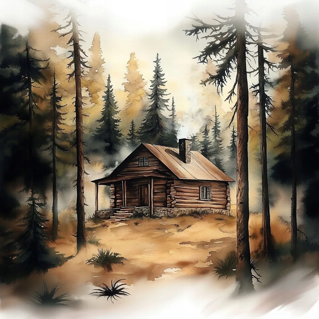 Vászonkép Canvas Tájkép Erdő Házikó Nyugalom 80x80