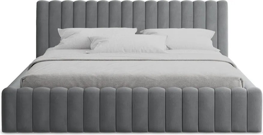 Szürke kárpitozott ágyneműtartós franciaágy ágyráccsal 160x200 cm Lemi – Makamii