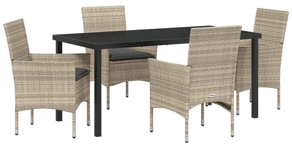 5 Részes Kerti Étkező Szett Párnákkal Világosszürke Poly Rattan, Kerti Asztal Fekete 160x80x73 cm Edzett Üveg