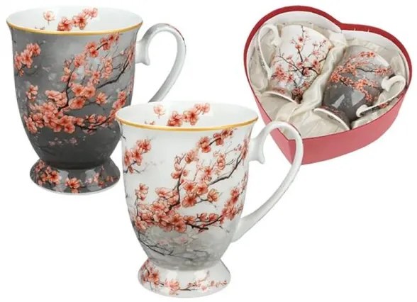Cseresznyevirágos porcelán bögre szett 280 ml 2 személyes szív alakú díszdobozban
