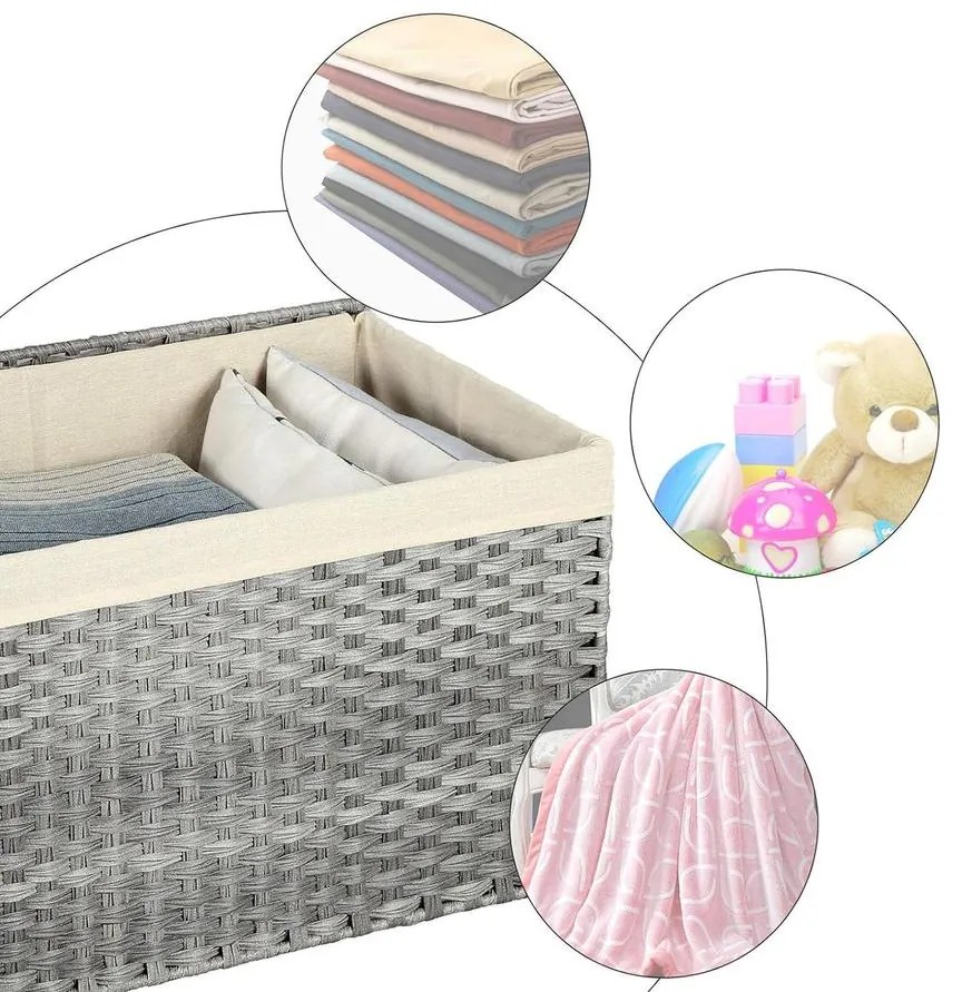 Rattan stílusú tárolódoboz, tároló kosár, 65 literes, szürke