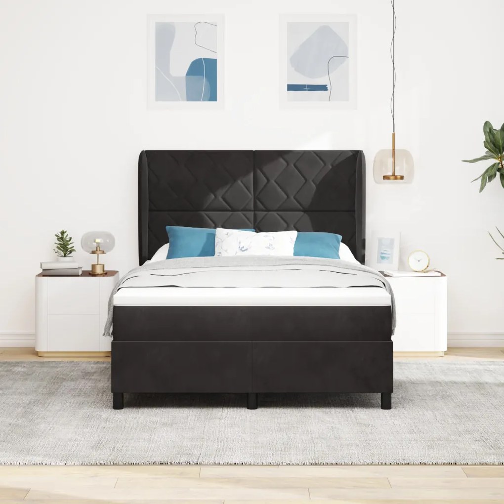 Boxspring Ágy Matrac Vele Fekete 140x200 cm Bársonyos