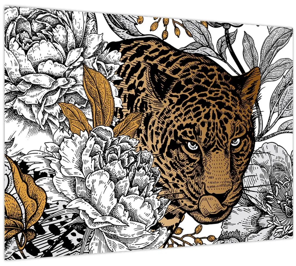 Kép - leopárd a virágok között (üvegen) (70x50 cm)