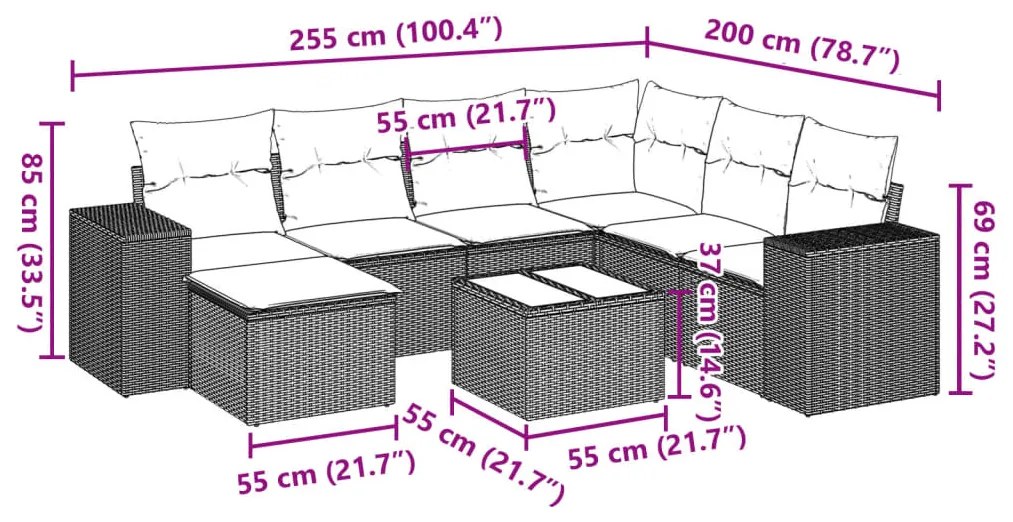 8 részes bézs polyrattan kerti ülőgarnitúra párnával